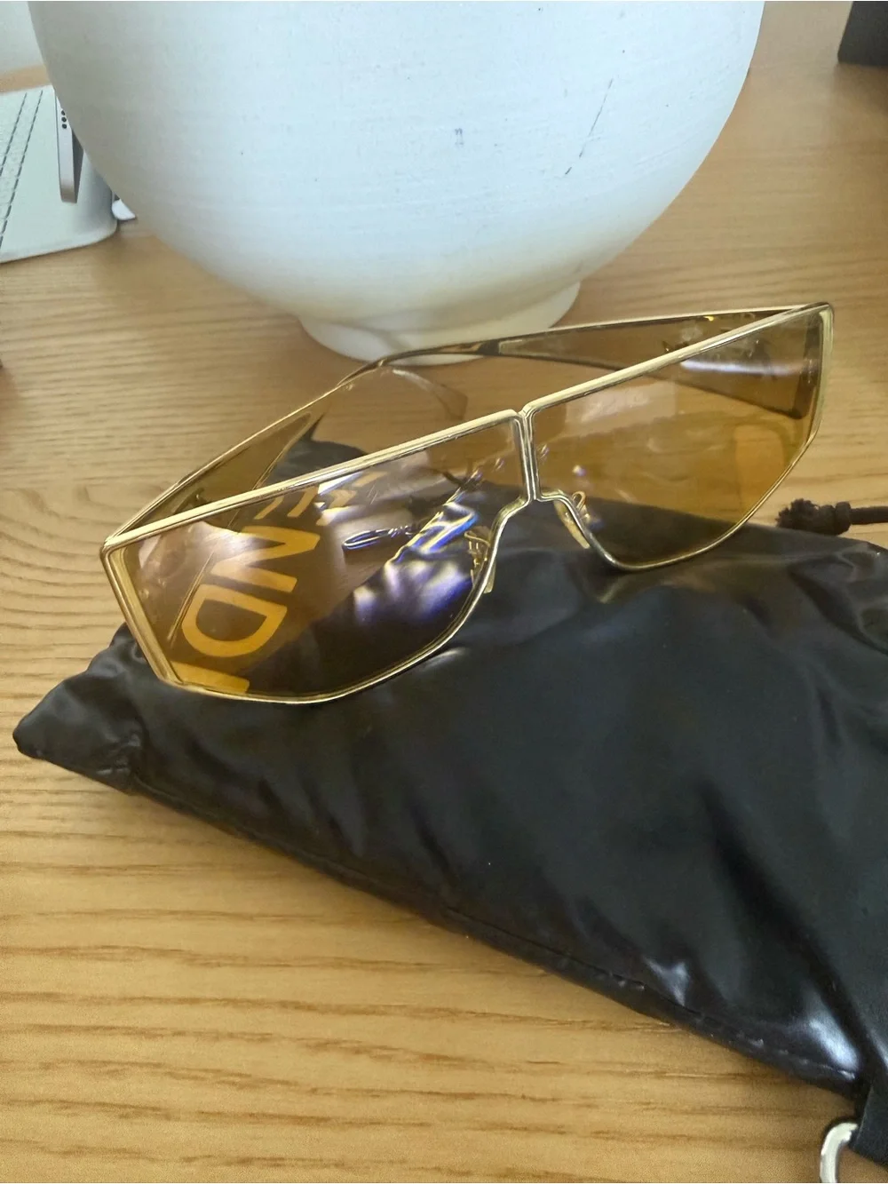 Fendi Gold Frame Amber Lens Shield Sunglasses